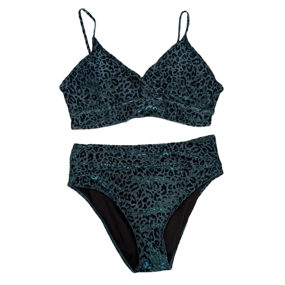 NWOT SHEIN Curve Velvet Green Leopard Print Bikini, Size 2XL - Picture 1 of 9